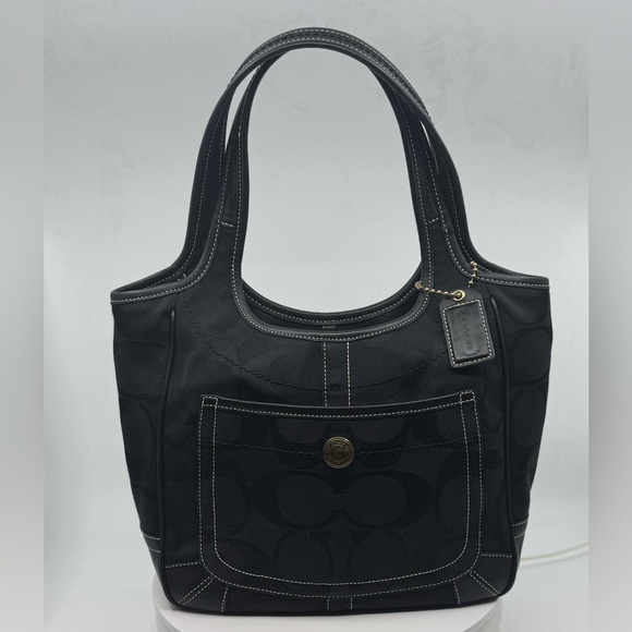 Coach Black Jacquard Signature Ergo Shoulder Bag Tote with Leather Trim EUC - Picture 1 of 15